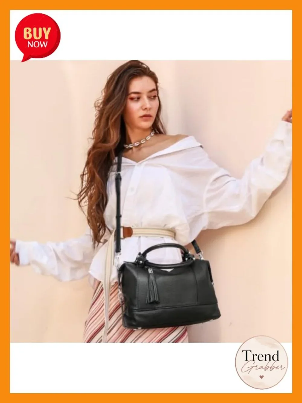Genuine Leather Satchel Tote Handbag with Tassel Adjustable Strap